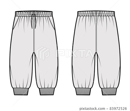 Shorts Sweatpants technical fashion illustration with elastic cuffs, low waist, drawstrings, knee length. Flat training Shorts Sweatpants technical fashion illustration with elastic cuffs, low waist, drawstrings, knee length. Flat training 83972526