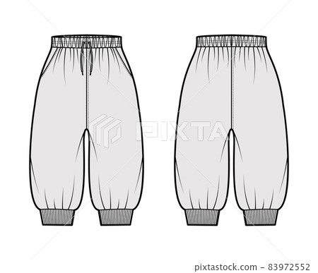 Shorts Sweatpants technical fashion illustration with elastic cuffs, normal waist, high rise, drawstrings, knee length. Shorts Sweatpants technical fashion illustration with elastic cuffs, normal waist, high rise, drawstrings, knee length. 83972552