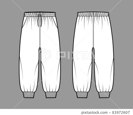 Shorts Sweatpants technical fashion illustration with elastic cuffs, low waist, rise, drawstrings, calf length training Shorts Sweatpants technical fashion illustration with elastic cuffs, low waist, rise, drawstrings, calf length training 83972607