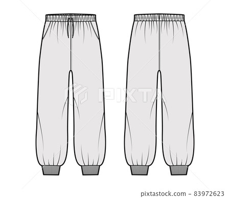 Shorts Sweatpants technical fashion illustration with elastic cuffs, low waist, rise, drawstrings, midi ankle length 83972623