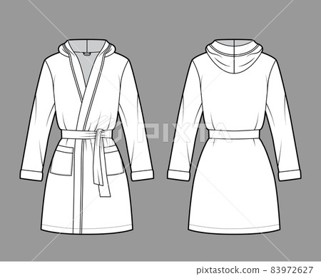 Hooded Bathrobe Dressing gown technical fashion illustration with wrap opening, mini length, oversize, tie, long sleeves Hooded Bathrobe Dressing gown technical fashion illustration with wrap opening, mini length, oversize, tie, long sleeves 83972627