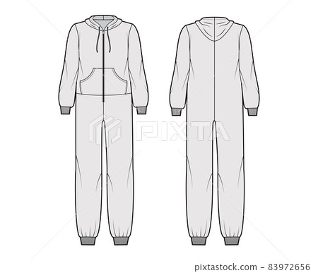 Onesie overall jumpsuit sleepwear technical fashion illustration with full length, hood, zipper closure, kangaroo pouch Onesie overall jumpsuit sleepwear technical fashion illustration with full length, hood, zipper closure, kangaroo pouch 83972656