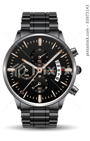 Realistic clock watch grey stainless steel black gold face luxury for men on white background vector Realistic clock watch grey stainless steel black gold face luxury for men on white background vector 83973143
