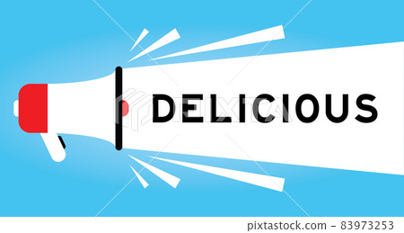 Color megphone icon with word delicious in white banner on blue background Color megphone icon with word delicious in white banner on blue background 83973253