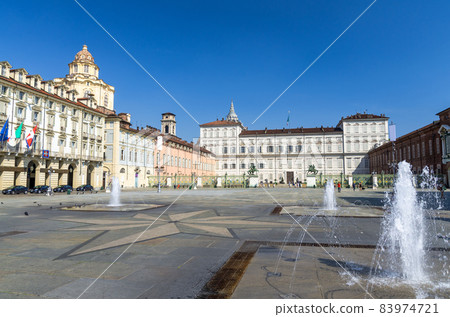 Royal Palace Palazzo Reale and San Lorenzo church building on Castle Square Piazza Castello with fountains Royal Palace Palazzo Reale and San Lorenzo church building on Castle Square Piazza Castello with fountains 83974721