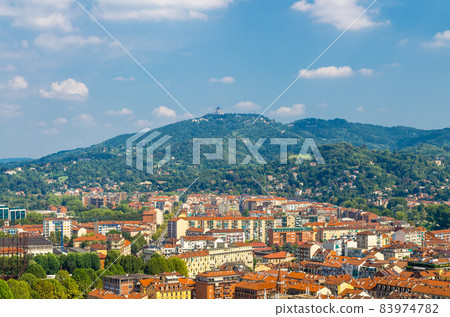 Aerial view from Mole Antonelliana tower platform of Turin Torino Borgo Po city district quarter 83974782