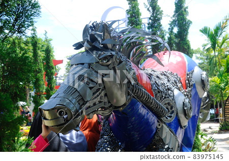 PUTRAJAYA, MALAYSIA -MAY 30, 2016: Replica of horse made from the recycled and scrap metals display at the Royal Floria Putrajaya 2016 Event in Putrajaya, Malaysia. 83975145