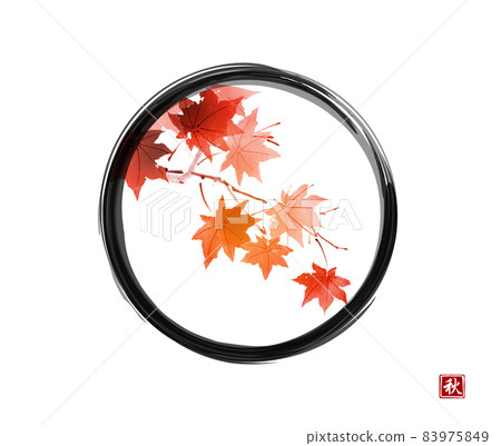 Red maple leaves in black enso zen circle background on white. Translation of hieroglyph - fall Red maple leaves in black enso zen circle background on white. Translation of hieroglyph - fall 83975849