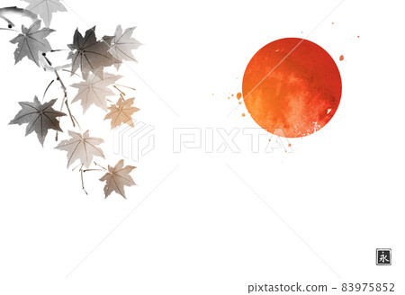 Maple leaves and big red sun. Traditional oriental ink painting sumi-e, u-sin, go-hua. Hieroglyph - eternity Maple leaves and big red sun. Traditional oriental ink painting sumi-e, u-sin, go-hua. Hieroglyph - eternity 83975852