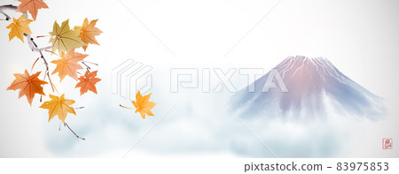 Autumn foliage on the wind and blue Fujiyama mountain. Traditional Japanese ink wash painting sumi-e. Hieroglyph - wind 83975853