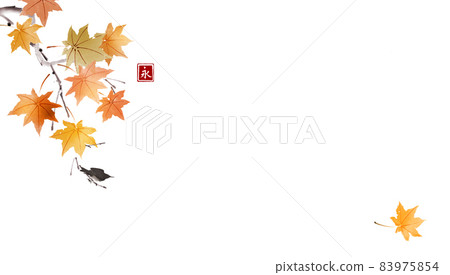 Fall foliage and black bird sitting on tree branch. Traditional oriental ink painting sumi-e, u-sin, go-hua. Hieroglyph - eternity Fall foliage and black bird sitting on tree branch. Traditional oriental ink painting sumi-e, u-sin, go-hua. Hieroglyph - eternity 83975854