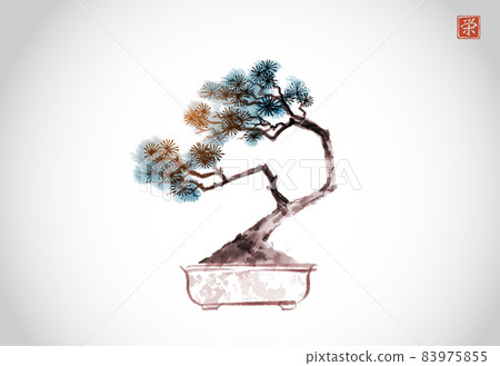 Bonsai pine tree hand drawn with ink on white background. Traditional oriental ink painting sumi-e, u-sin, go-hua. Hieroglyph - prosperity Bonsai pine tree hand drawn with ink on white background. Traditional oriental ink painting sumi-e, u-sin, go-hua. Hieroglyph - prosperity 83975855