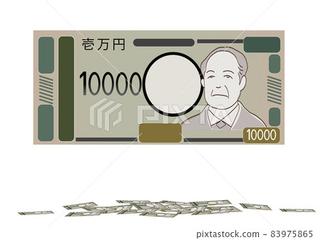 Illustration material that deformed the new 10,000 yen bill and a set of bills scattered on the floor Illustration material that deformed the new 10,000 yen bill and a set of bills scattered on the floor 83975865