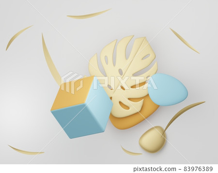 3d render of premium abstract geometric shapes and pastel luxury gravel decor with tropical leaves on white background. 83976389
