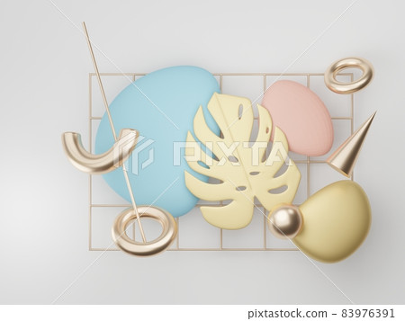 3d render of premium abstract geometric shapes and pastel luxury gravel decor with tropical leaves on white background. 83976391