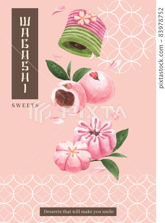 Poster template with wagashi Japanese dessert concept,watercolor style Poster template with wagashi Japanese dessert concept,watercolor style 83978752
