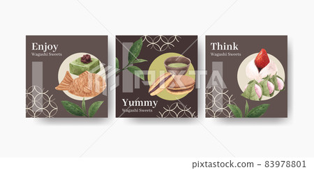 Banner template with wagashi Japanese dessert concept,watercolor style Banner template with wagashi Japanese dessert concept,watercolor style 83978801