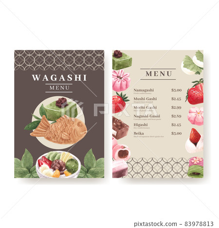 Menu template with wagashi Japanese dessert concept,watercolor style 83978813