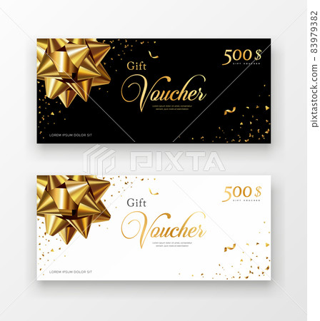Gift vouchers golden ribbon, black and white paper concept design collections Gift vouchers golden ribbon, black and white paper concept design collections 83979382