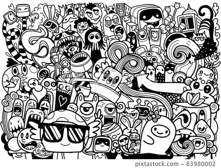 Cute monsters group ,set of funny cute monsters, aliens or fantasy animals for gretting card or shirts. hand drawn line art cartoon vector illustration 83980002