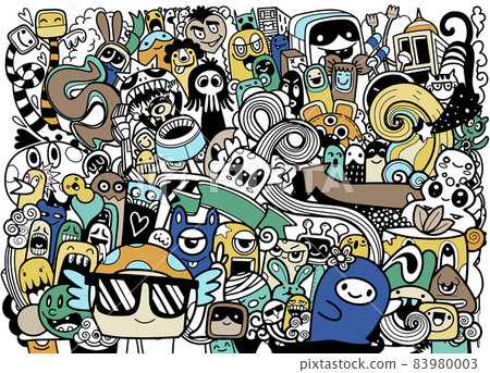 Cute monsters group ,set of funny cute monsters, aliens or fantasy animals for gretting card or shirts. hand drawn line art cartoon vector illustration 83980003