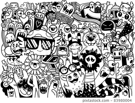 Cute monsters group ,set of funny cute monsters, aliens or fantasy animals for gretting card or shirts. hand drawn line art cartoon vector illustration 83980004