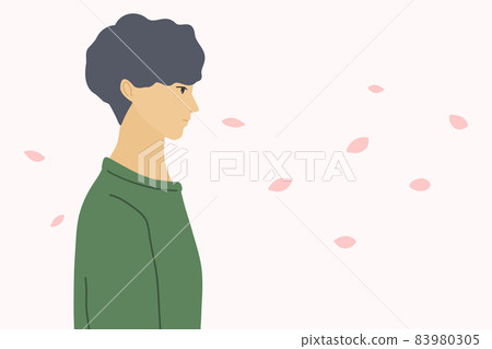 Profile man and flat illustration of cherry blossom background Profile man and flat illustration of cherry blossom background 83980305