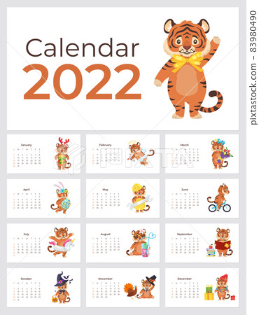 Vector cartoon 2022 calendar template with cute tiger Vector cartoon 2022 calendar template with cute tiger 83980490