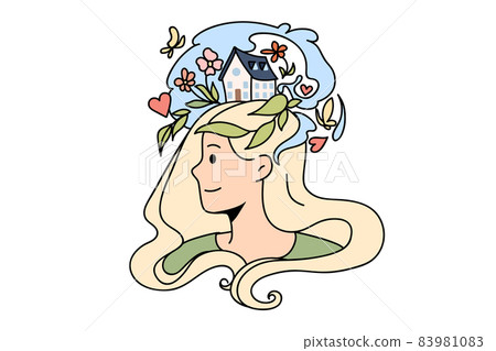 Smiling woman visualize dreams in head Smiling woman visualize dreams in head 83981083