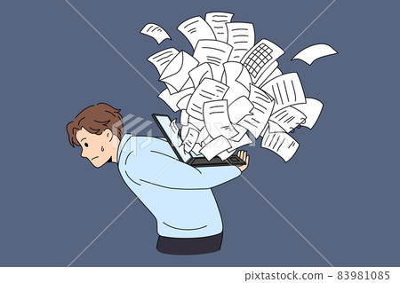 Tired man carry laptop overwhelmed with spam notification  83981085