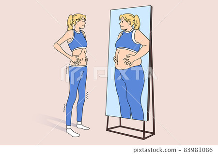 Unhappy skinny girl look in mirror see fat reflection  83981086