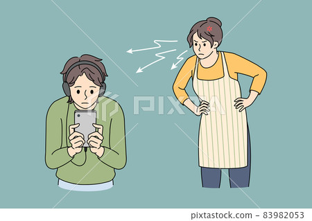 Angry mom scold teen son overuse cellphone device  83982053