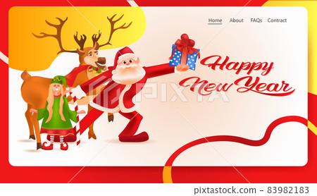 santa claus with deer and elf holding gift box new year christmas holidays celebration concept lettering greeting card 83982183