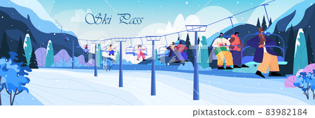 people sitting on chairlifts ski resort cableway in snowy mountains christmas new year holidays celebration winter vacation 83982184