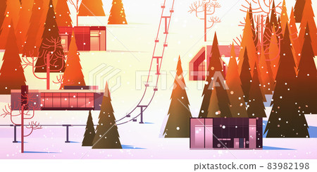cableway in snowy mountains residential houses area ski resort christmas new year holidays celebration winter vacation 83982198