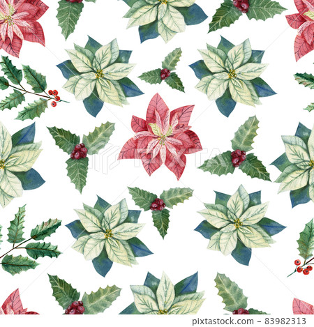 Seamless pattern with poinsettia colors and padub on a white isolated background. Watercolor Christmas illustration Seamless pattern with poinsettia colors and padub on a white isolated background. Watercolor Christmas illustration 83982313