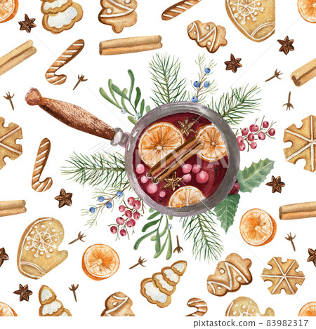 Seamless pattern with mulled wine and Rogdetsven biscuits. Watercolor Christmas illustration 83982317