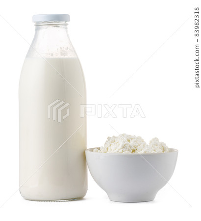 Fresh dairy products milk and cottage cheeese isolated on white 83982318