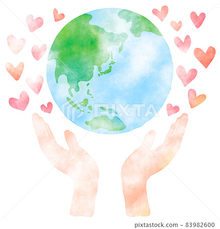 Hands holding the earth and flying hearts (image of environmental protection) 83982600