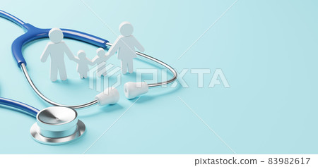 Top view of medical stethoscope and icon family on cyan background 83982617