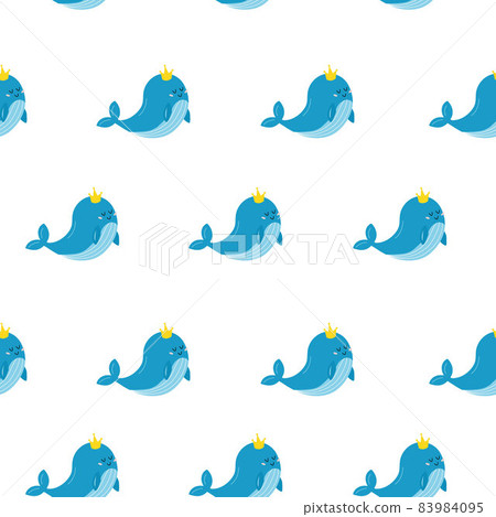 The pattern is a kind blue whale in delicate blue colors. One whale with a golden crown. Proud and sweet. Vector illustration. 83984095