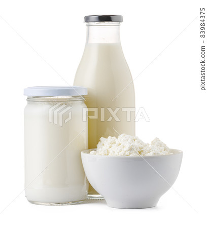 Fresh dairy products milk and cottage cheeese isolated on white 83984375