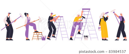 House renovation service workers, home repairers, fixing masters. Home repair masters, electrician, painter and plumber vector illustration set. Repair service workers 83984537