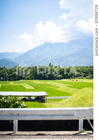 Rural scenery and summer sky seen through the guardrail Rural scenery and summer sky seen through the guardrail 83984726