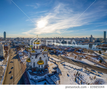 Panorama of winter Yekaterinburg and Temple on Blood in sunny day. Aerial view of Yekaterinburg, Russia 83985044