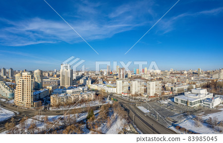 Yekaterinburg aerial panoramic view at Winter in sunny day. Ekaterinburg is the fourth largest city in Russia located in the Eurasian continent on the border of Europe and Asia. 83985045