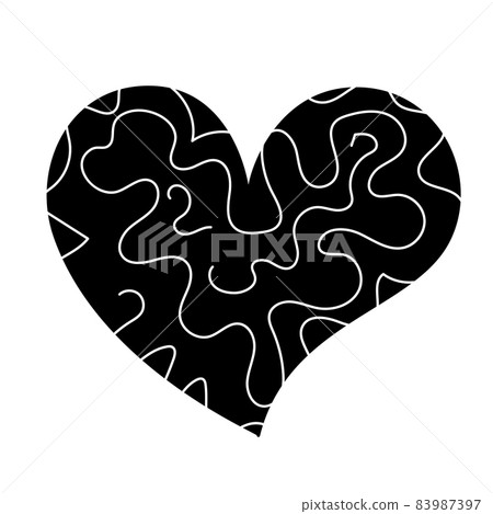Heart black icon with white line pattern. Holiday decorations for Valentine Day. Hand painted love symbol. Vector illustration on white background for wedding, party, holiday, decor, internet, print 83987397