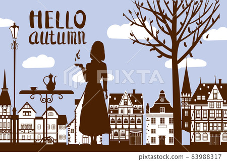 Silhouette elegant girl with cup of coffee, lettering Hello Autumn, cafe table, tree, city houses. Vector illustration Silhouette elegant girl with cup of coffee, lettering Hello Autumn, cafe table, tree, city houses. Vector illustration 83988317