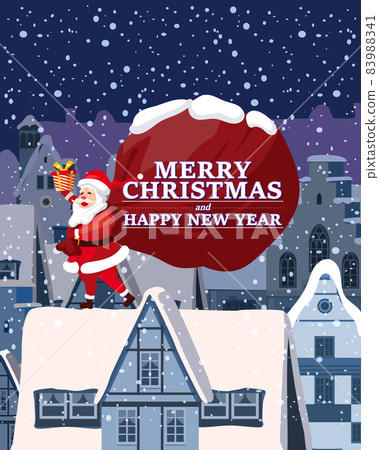 Santa Claus with big sack of gifts delivery gifts on the roof. Night winter city, european urban landscape, noel. Vector illustration poster, greeting card cartoon style Santa Claus with big sack of gifts delivery gifts on the roof. Night winter city, european urban landscape, noel. Vector illustration poster, greeting card cartoon style 83988341