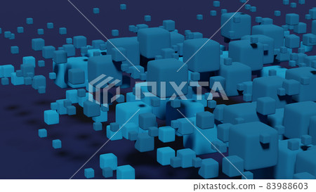 Blue matte cubes small and large on a dark purple background, abstract 3d render 83988603